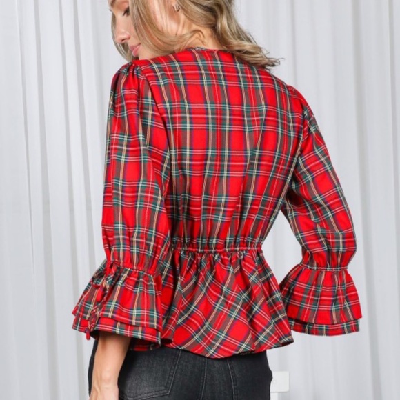 Red Holiday Plaid Ruffle Sleeves V-Neck Cinched Waist Blouse Top - Picture 4 of 5